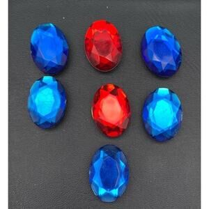 Vintage Lot Of 7 Faceted Blue & Red Oval Rhinestone Button Covers